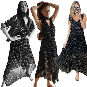 The Kooples Asymmetric Sleeveless Button Down Micro Polka Dot Pleated Midi Dress
